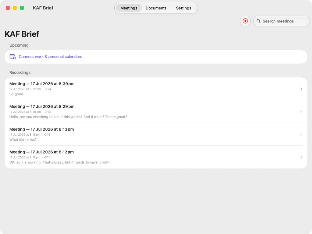 KAF Brief meetings screen on Mac